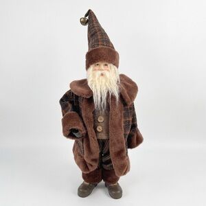 Father Christmas Rustic Brown Plaid Santa Claus Doll Faux Fur Trim Holiday Decor